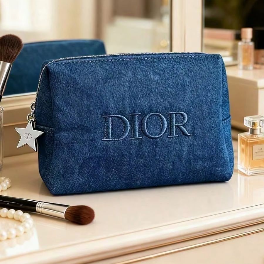 Women Bags Dior - ディオール ダークデニム 刺繍ロゴ コスメティックバッグ 大型 ポータブル