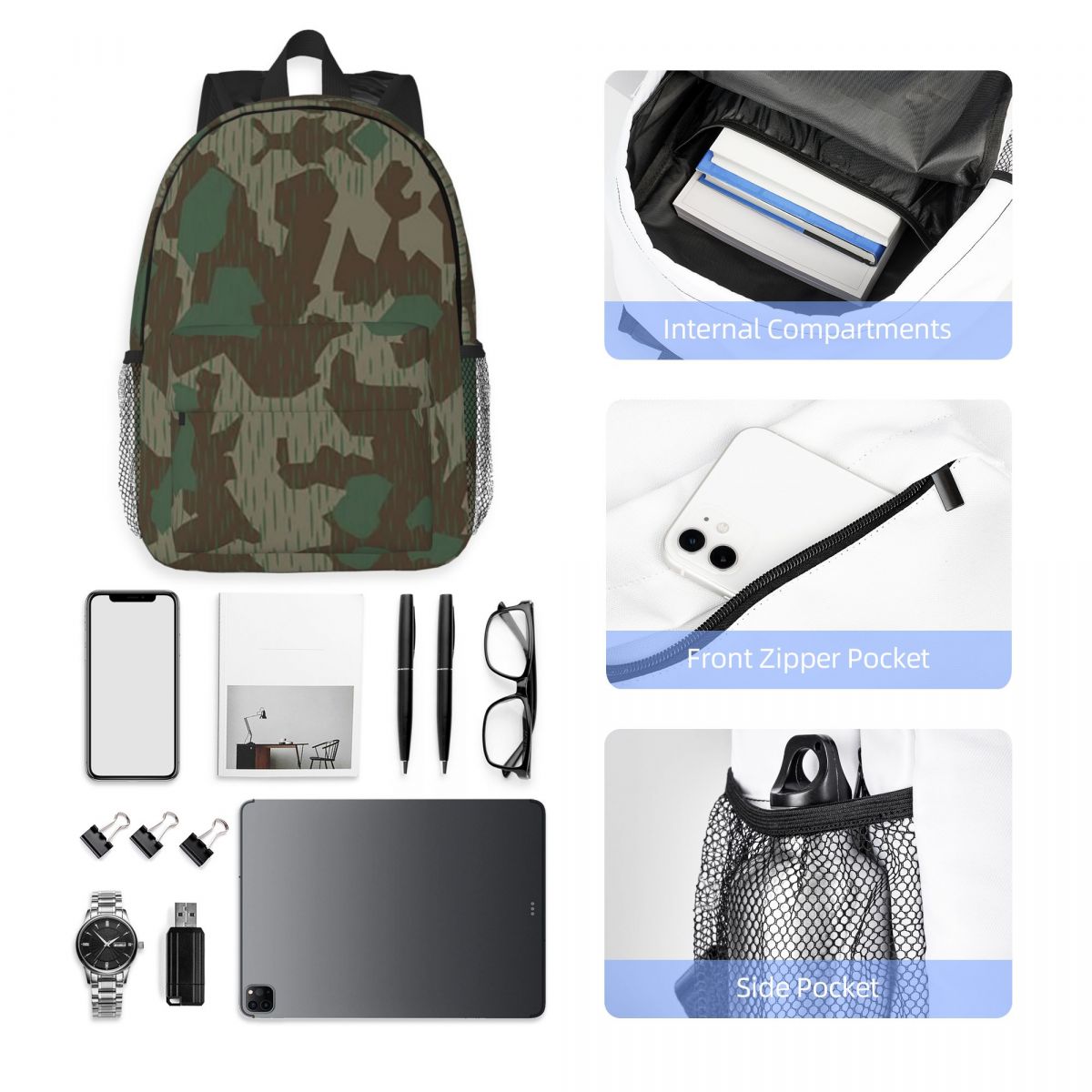 Women Bags Germany - WW2 ドイツ軍スプリンター迷彩 Splittertarn 迷彩バックパック学生ブックバッグ男性女性スクールバッグコンピュータショルダーバッグ
