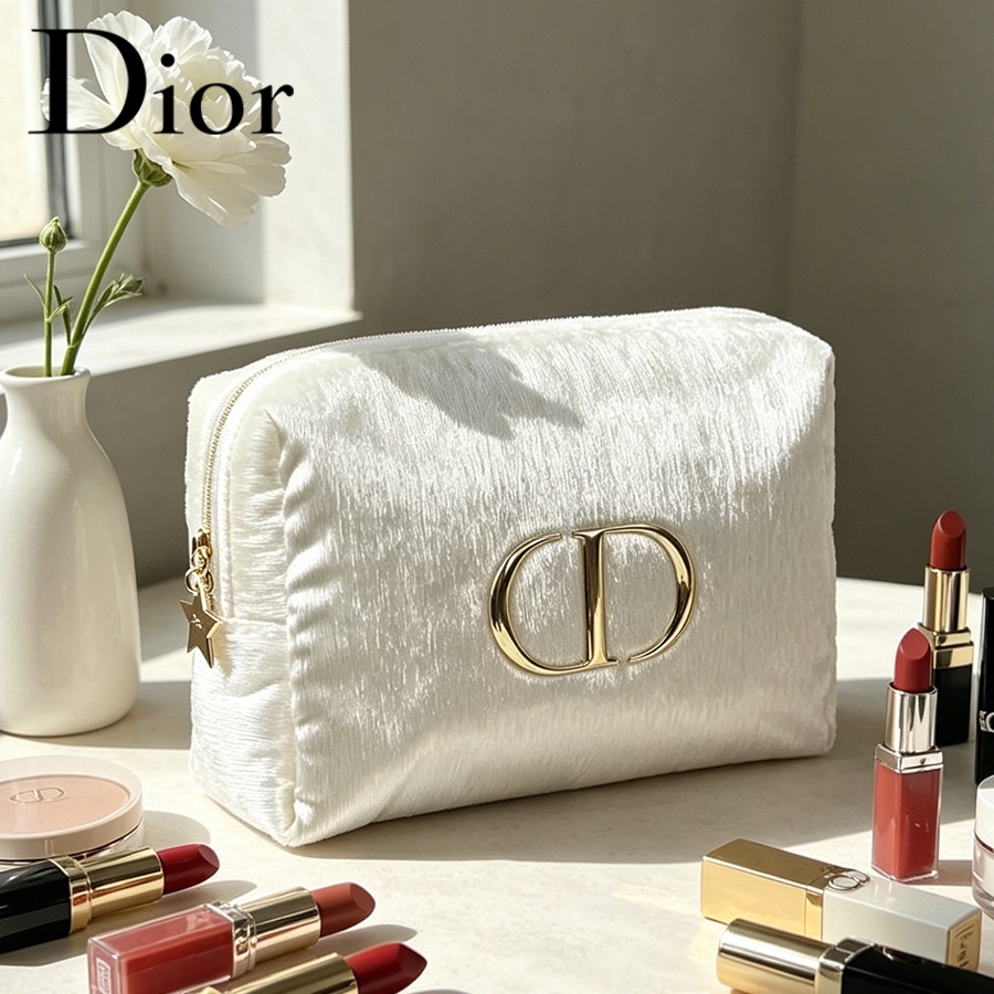 Women Bags Dior - ディオールのバッグ ホワイトベルベット トラベルコスメティックバッグ 女性用必須収納ポーチ シンプルなファッションデザイン メタルロゴ付き