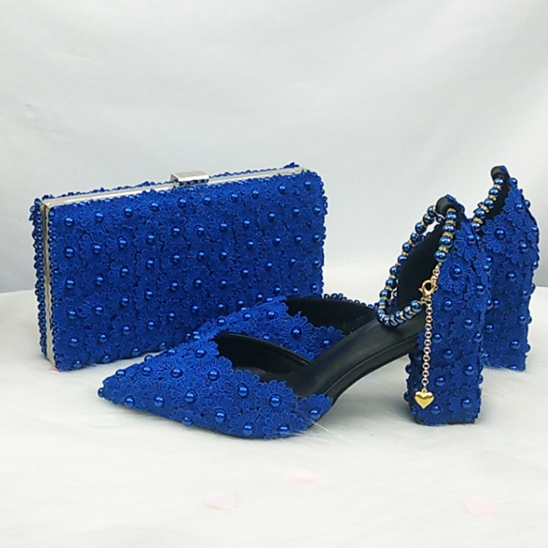 Women Bags For Party - 宝雅芳青白ビーズストラップパールウェディングシューズ花嫁用ポインテッドトゥスクエア厚底ハイヒールパーティードレスシューズとバッグセット