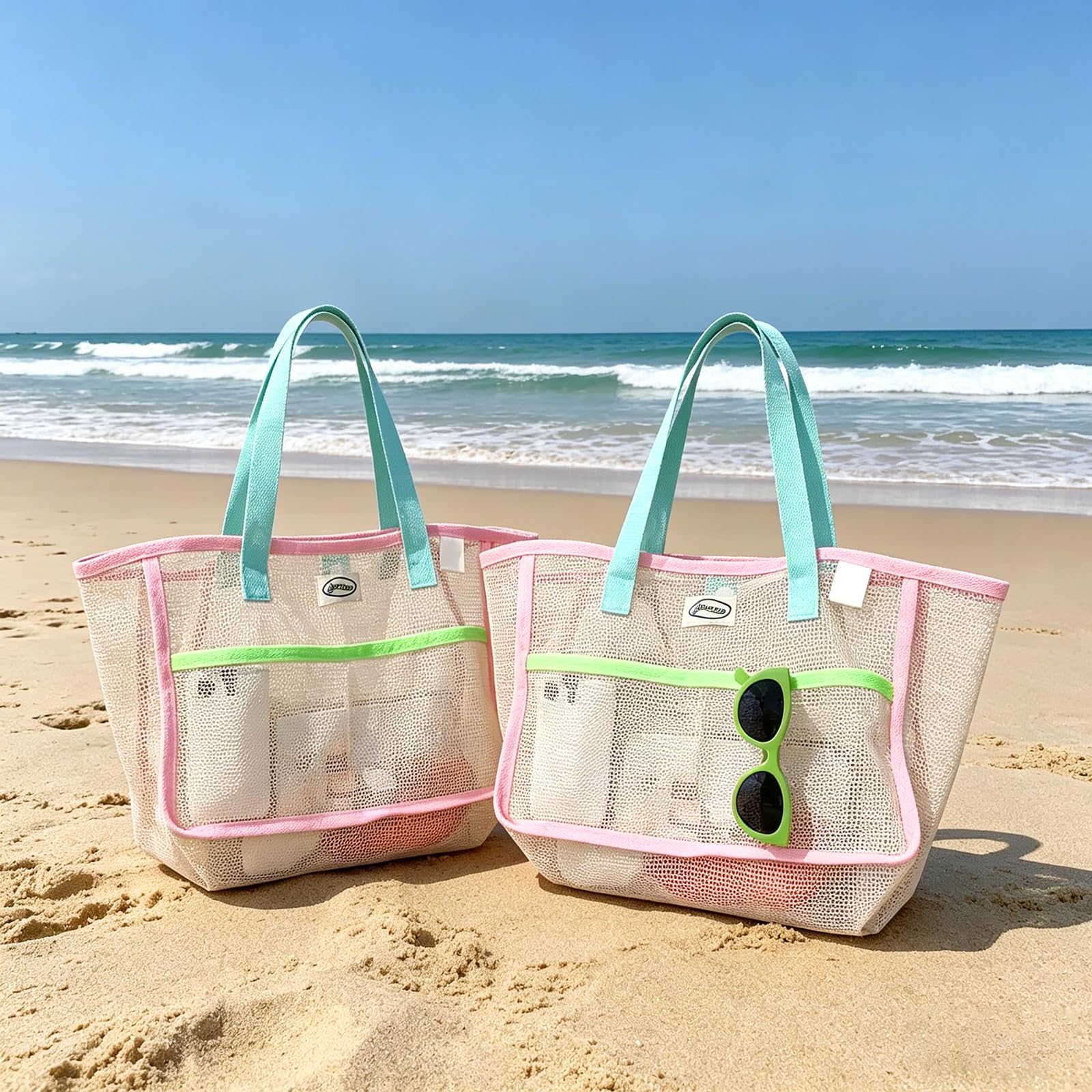 女性用ビーチバッグ カラフルな折りたたみ式ネットサンドトート - Women Bags Deals のレビューと価格