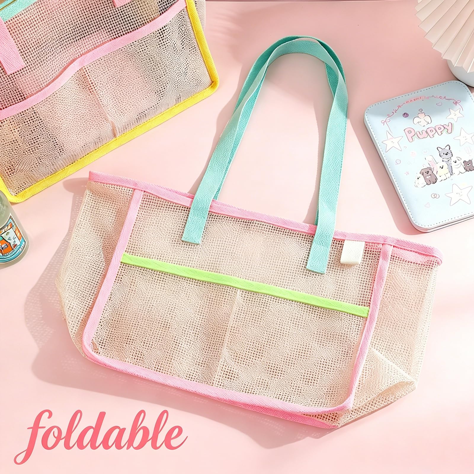 女性用ビーチバッグ カラフルな折りたたみ式ネットサンドトート - Women Bags Deals のレビューと価格